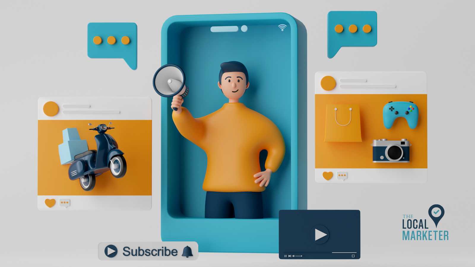 Illustration of a person holding a megaphone inside a smartphone frame, surrounded by digital icons representing delivery, shopping, gaming, and photography, emphasizing digital advertising themes for local businesses.